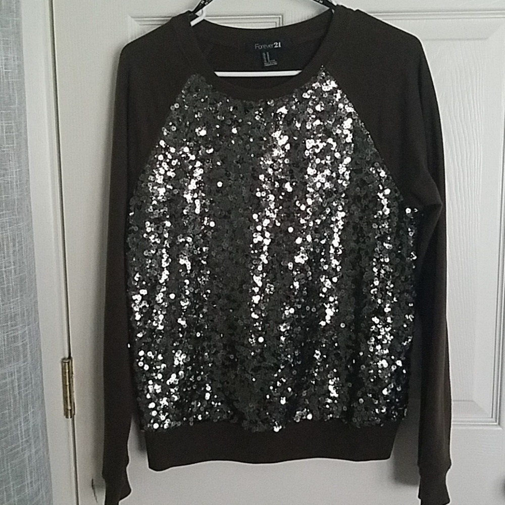 Dark Olive Green Sweatshirt Style Sequin Front Top